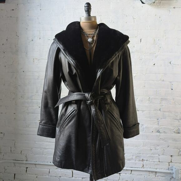 Vintage Jackets & Blazers - Vintage Black Leather Penny Lane Coat Faux Fur Trench Minimalist Goth Jacket